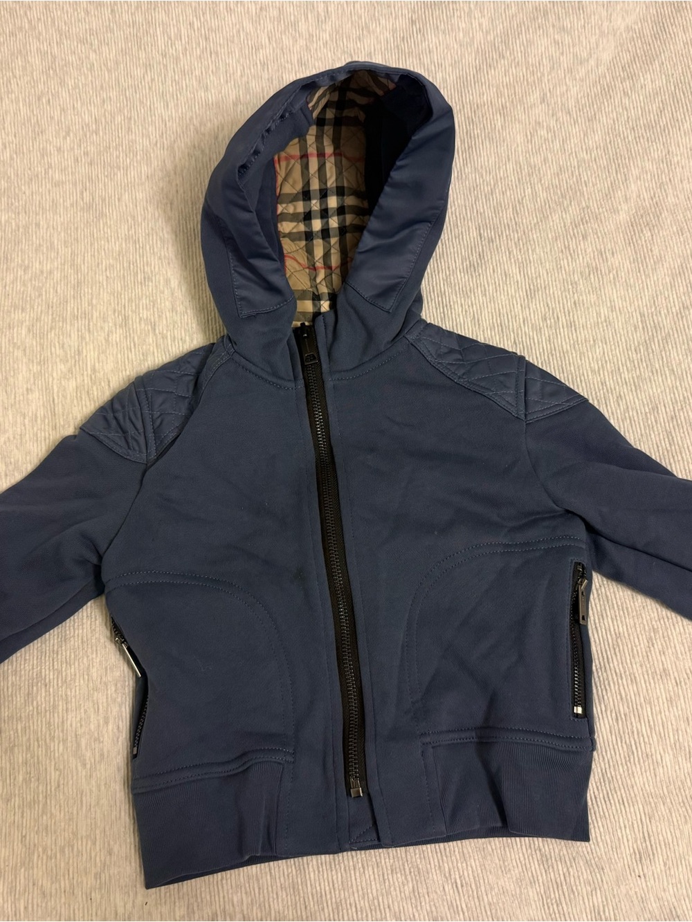Kids Burberry Blue Zip Hoodie with Plaid Novacheck Detail Size 3Y / 3T
